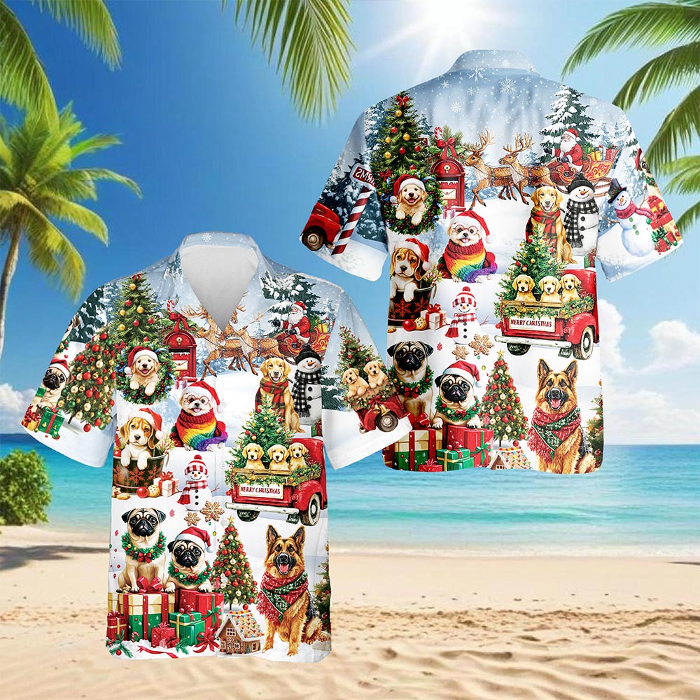 Netecom Christmas Dogs Hawaiian Shirt for Men Women, Cute Pet Holiday Print Button Down Summer Beach Shirt, S-5XL