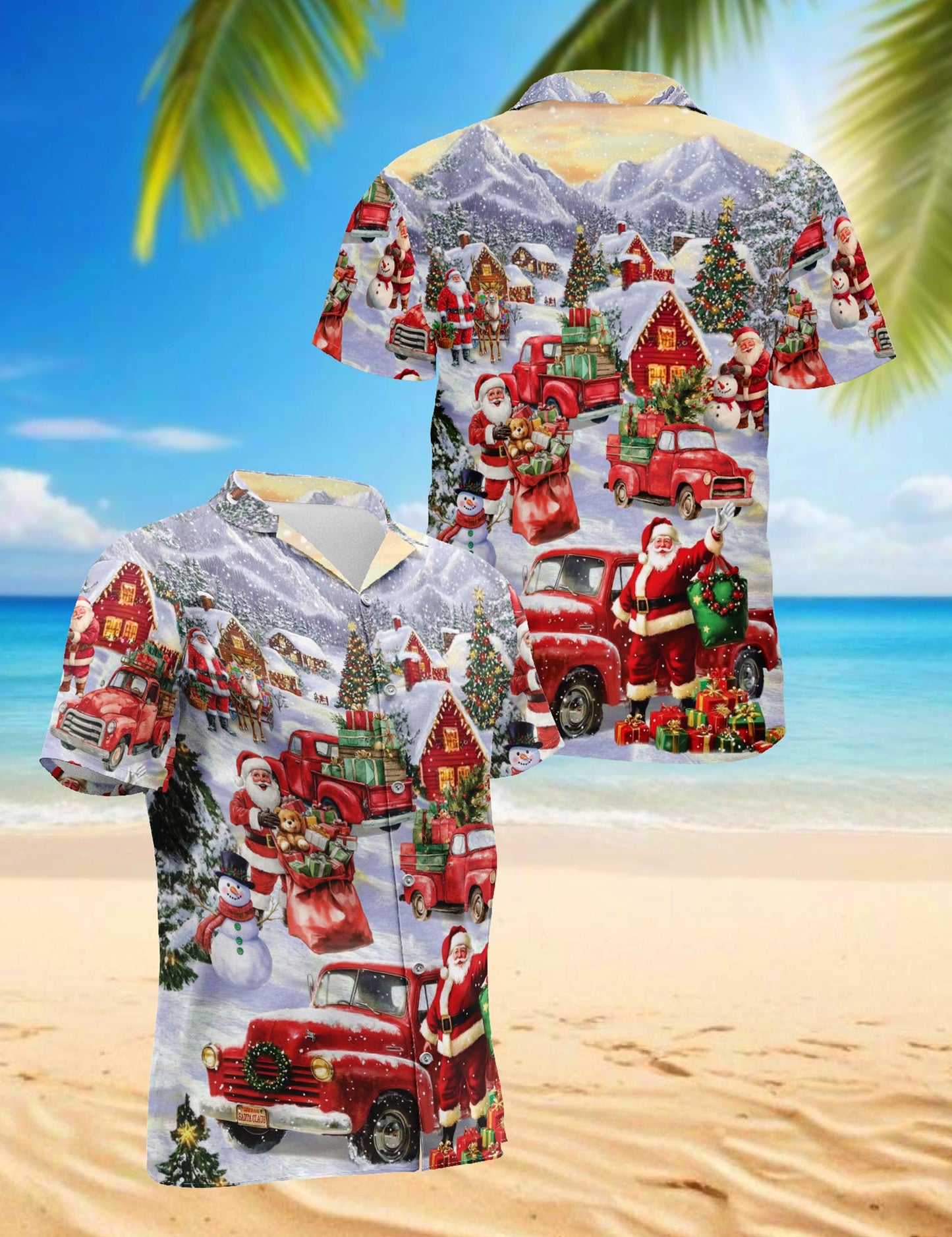 Netecom Christmas Red Truck Hawaiian Shirt for Men Women, Santa Claus Snow Button Down Beach Short Sleeve Shirts, S-5XL