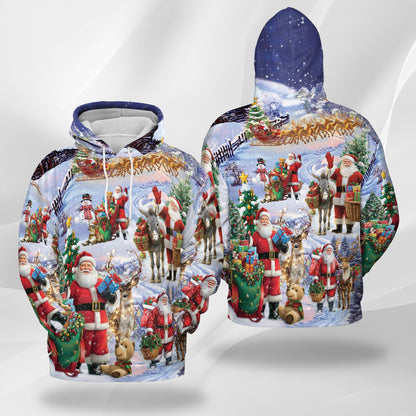 Netecom Santa Claus Snowy Christmas Village Print Hoodie with Front Pocket, All Over Holiday Graphic Sweatshirt Unisex Casual
