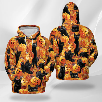 Netecom Black Cat and Pumpkin 3D Print Hoodie with Front Pocket, All Over Graphic Funny Halloween Sweatshirt Unisex Casual