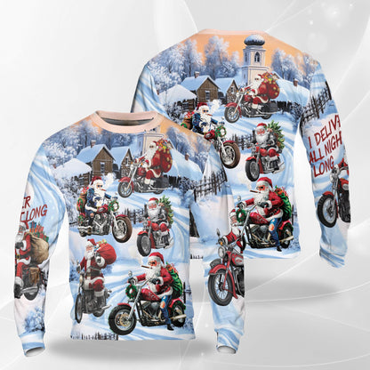 Netecom Santa Riding Motorcycle Christmas Sweatshirt 3D All Over Print, Winter Outfit, Crewneck Pullover for Costume Party