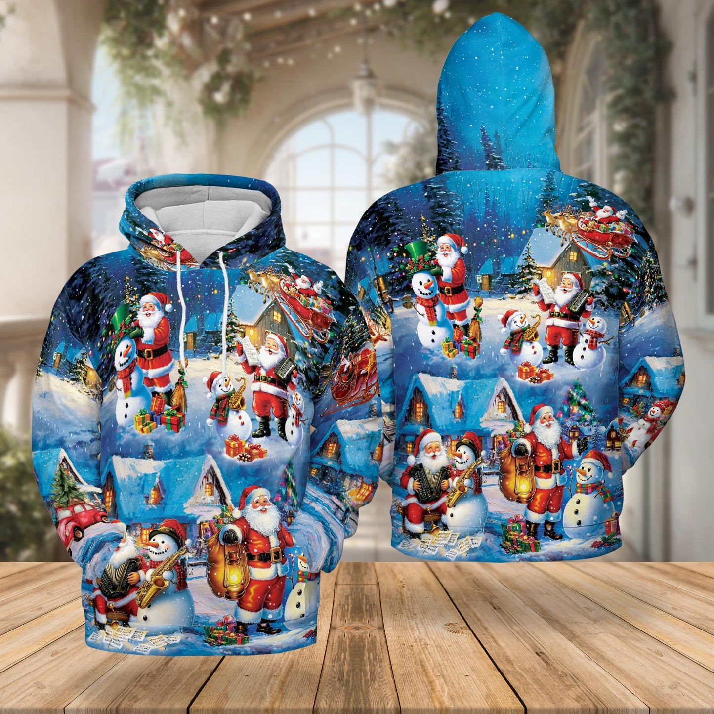 Netecom Santa and Snowman 3D Hoodie with Front Pocket, Unisex Casual All Over Musical Christmas Graphic Sweatshirt