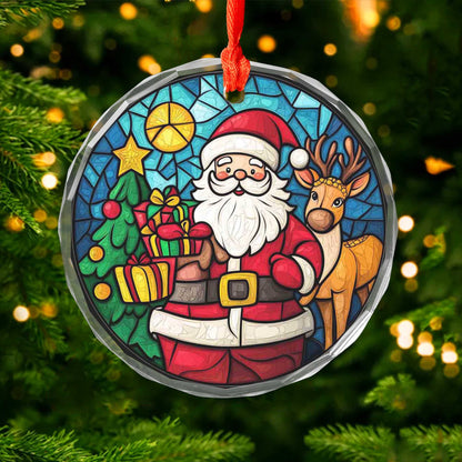 Netecom Santa Claus & Reindeer Glass Ornament – Stained Glass Christmas Tree Decoration, Holiday Keepsake, 3 in