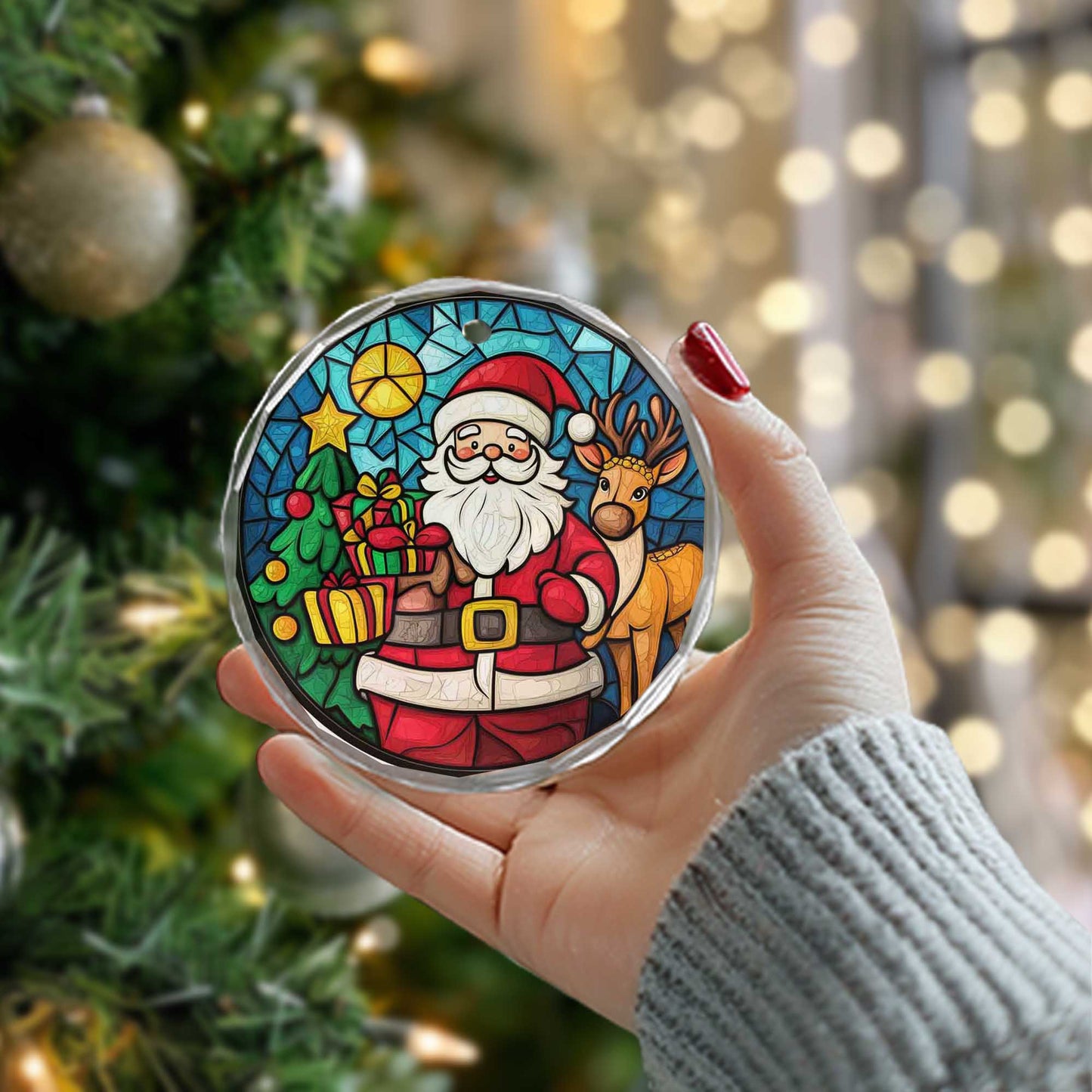 Netecom Santa Claus & Reindeer Glass Ornament – Stained Glass Christmas Tree Decoration, Holiday Keepsake, 3 in