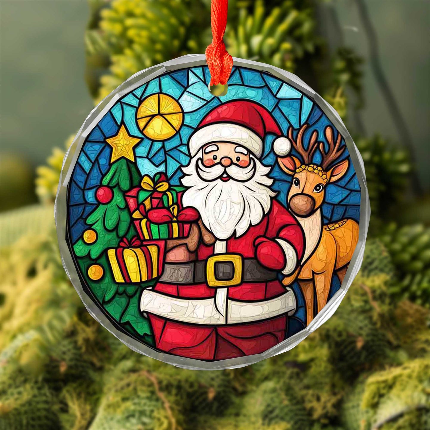 Netecom Santa Claus & Reindeer Glass Ornament – Stained Glass Christmas Tree Decoration, Holiday Keepsake, 3 in