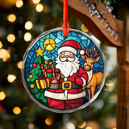 Netecom Santa Claus & Reindeer Glass Ornament – Stained Glass Christmas Tree Decoration, Holiday Keepsake, 3 in