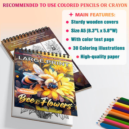 Netecom Large Print Bee and Flowers Coloring Sheets For Adults