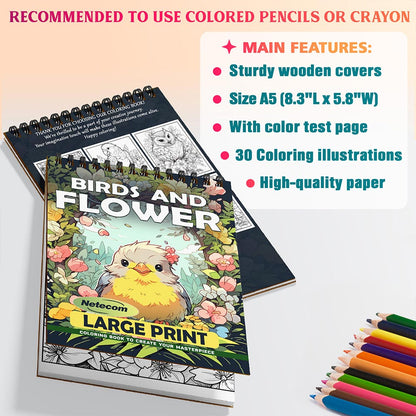 Netecom Large Print Birds And Flower Coloring Sheets For Adults