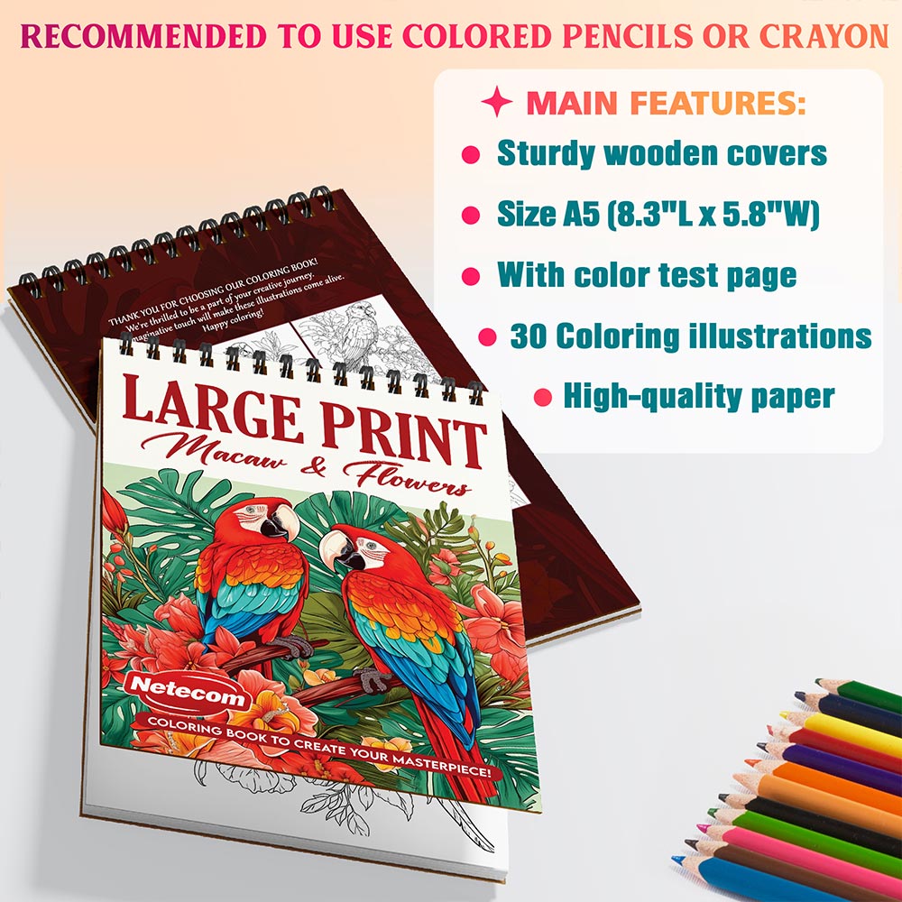 Netecom Large Print Macaw and Flowers Coloring Sheets For Adults