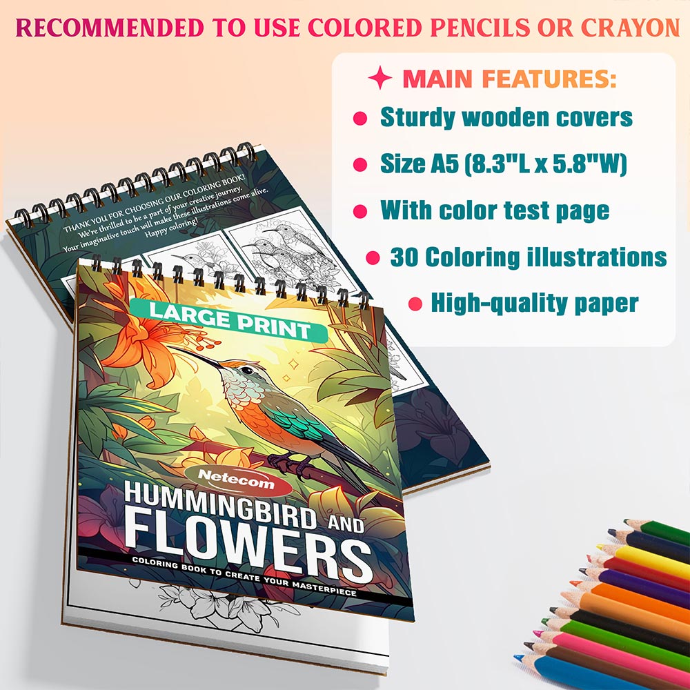 Netecom Large Print Hummingbird and Flowers Coloring Sheets For Adults