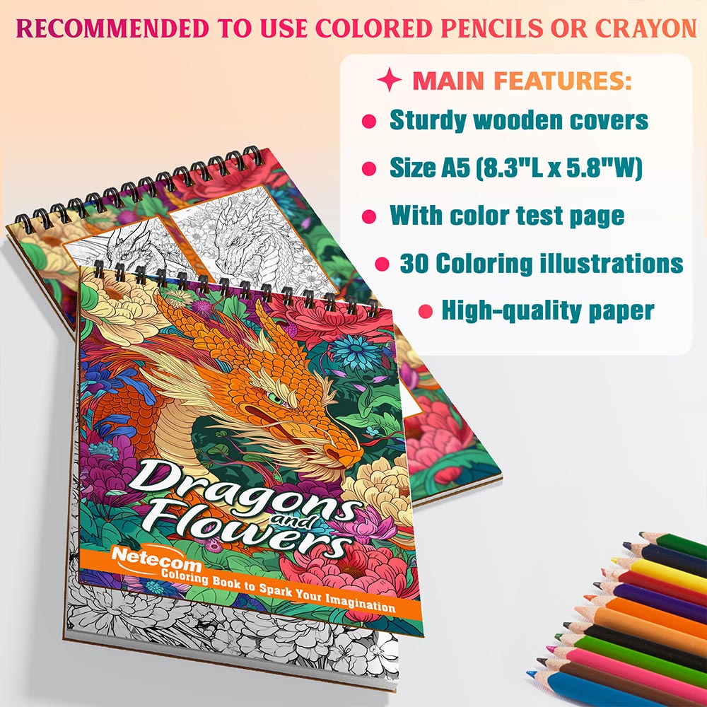Netecom Dragons and Flowers Coloring Sheets For Adults