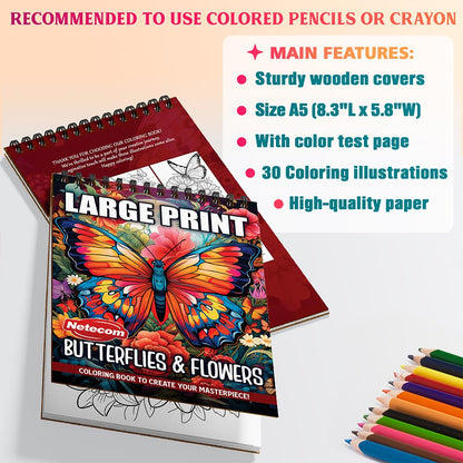 Netecom Large Print Butterflies and Flowers Coloring Sheets For Adults