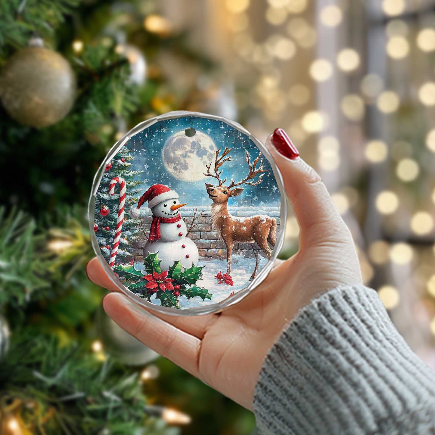 Netecom Festive Snowman & Reindeer Glass Ornament – Holiday Tree Decor, Ideal Christmas Gift, 3 in