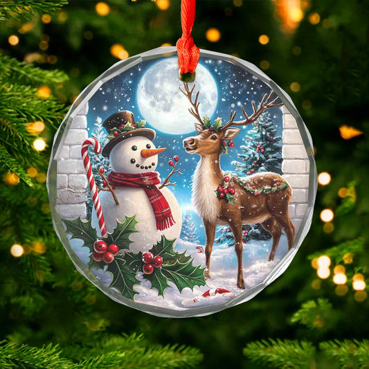 Netecom Christmas Snowman & Reindeer Glass Ornament – Holiday Decoration, Beautiful Keepsake Gift, 3 in