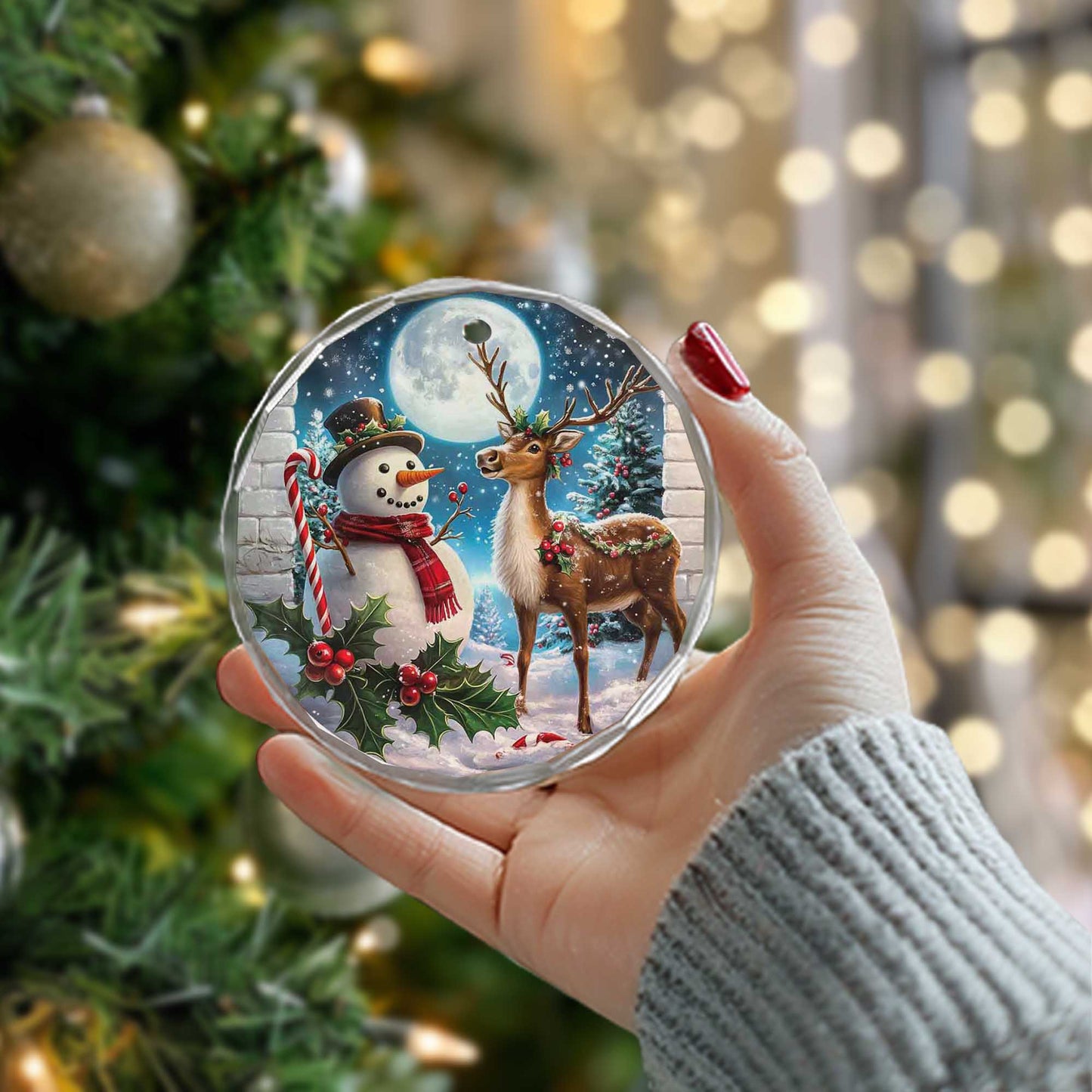 Netecom Christmas Snowman & Reindeer Glass Ornament – Holiday Decoration, Beautiful Keepsake Gift, 3 in