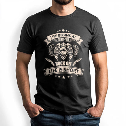 Netecom Life Begin Rock On T-Shirt, Playful Birthday Gift for Men Celebrating 34, Funny 34th Birthday Tee, Trendy Men’s Shirt