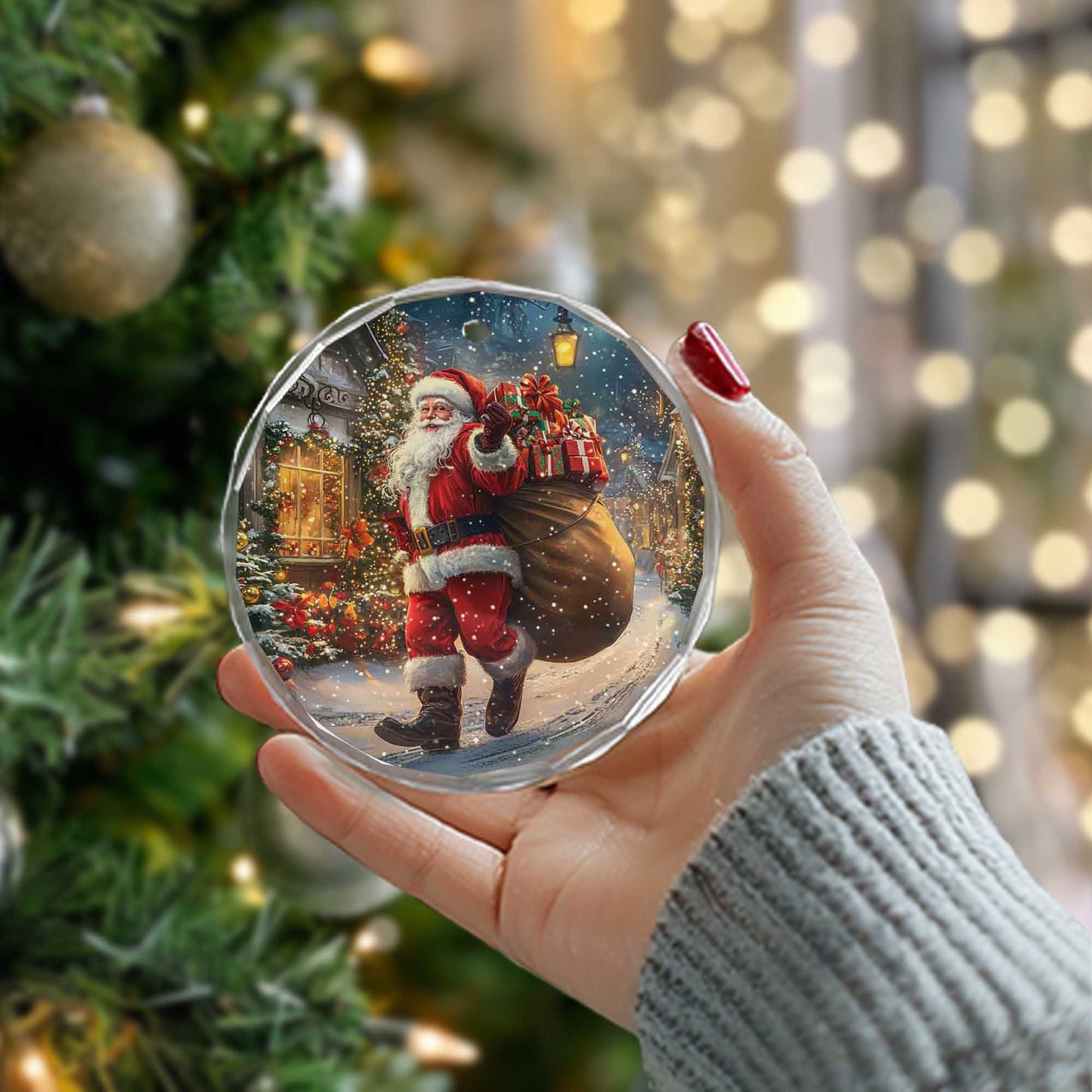 Netecom Santa Claus Glass Ornament – Christmas Tree Decoration with Holiday Gifts, Perfect Keepsake for the Season, 3 in