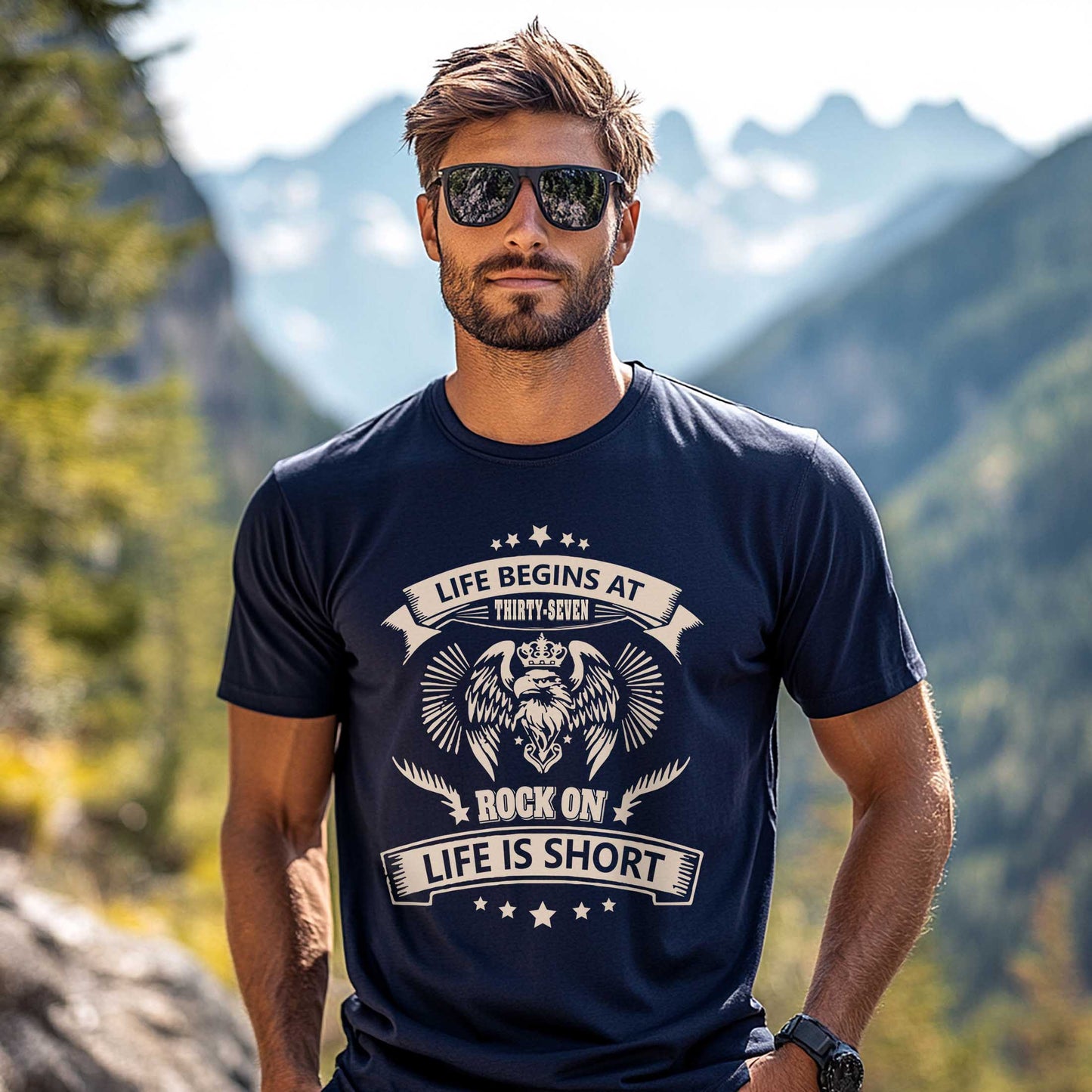 Netecom Life Begin Rock On T-Shirt, Playful Birthday Gift for Men Celebrating 37, Funny 37th Birthday Tee, Trendy Men’s Shirt