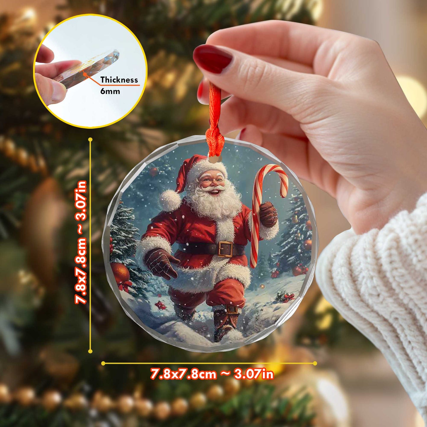 Netecom Santa Claus Glass Ornament – Christmas Tree Decoration with Candy Cane, Perfect Holiday Keepsake, 3 in