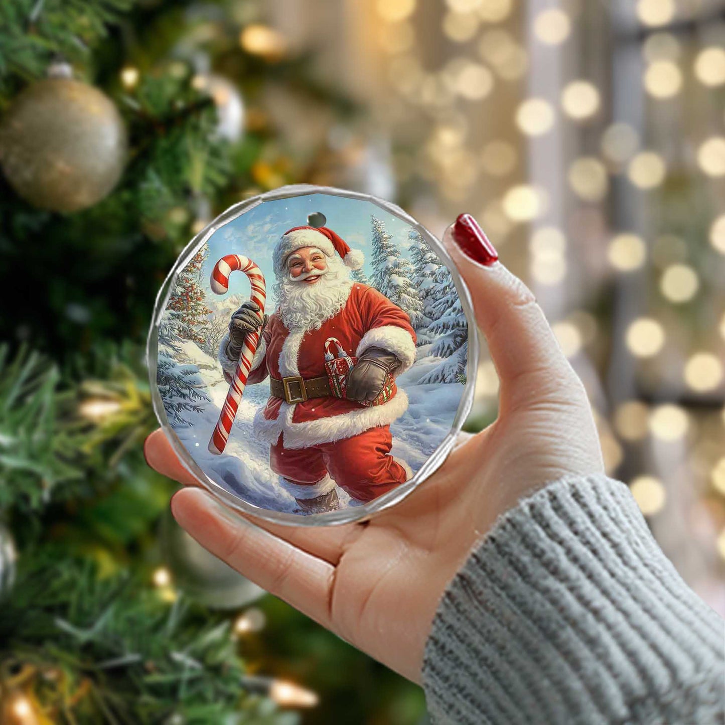 Netecom Santa Claus Glass Ornament – Festive Christmas Tree Decoration with Candy Cane, Holiday Keepsake Gift, 3 in
