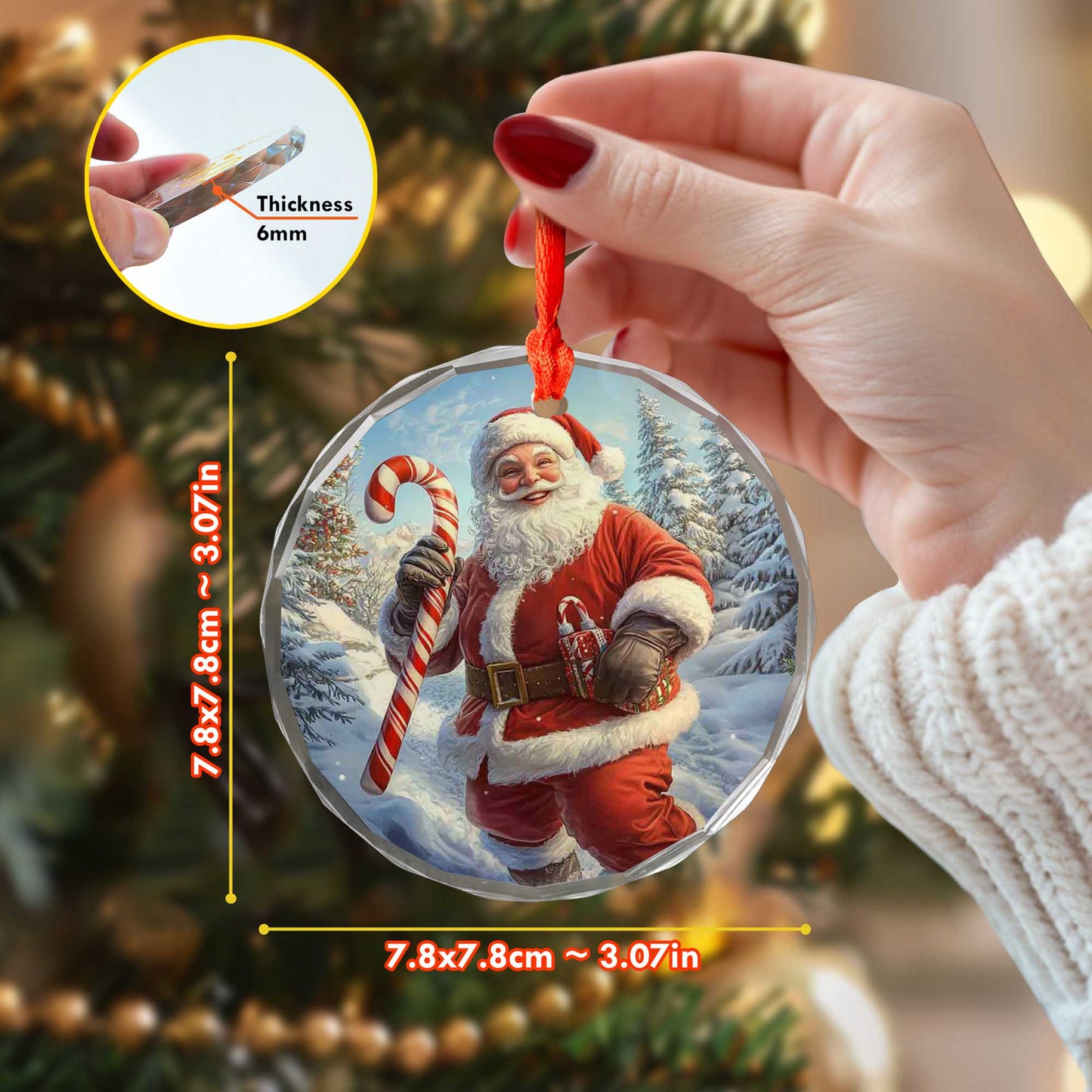 Netecom Santa Claus Glass Ornament – Festive Christmas Tree Decoration with Candy Cane, Holiday Keepsake Gift, 3 in