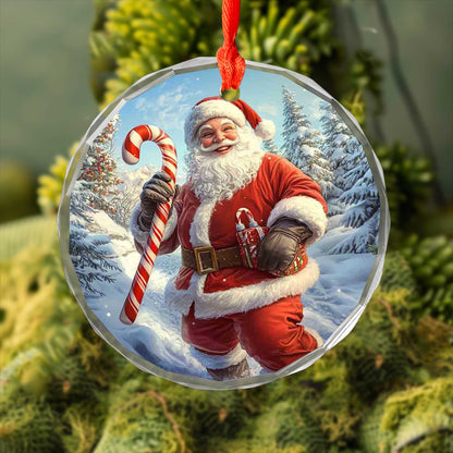 Netecom Santa Claus Glass Ornament – Festive Christmas Tree Decoration with Candy Cane, Holiday Keepsake Gift, 3 in