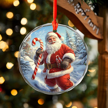 Netecom Santa Claus Glass Ornament – Festive Christmas Tree Decoration with Candy Cane, Holiday Keepsake Gift, 3 in