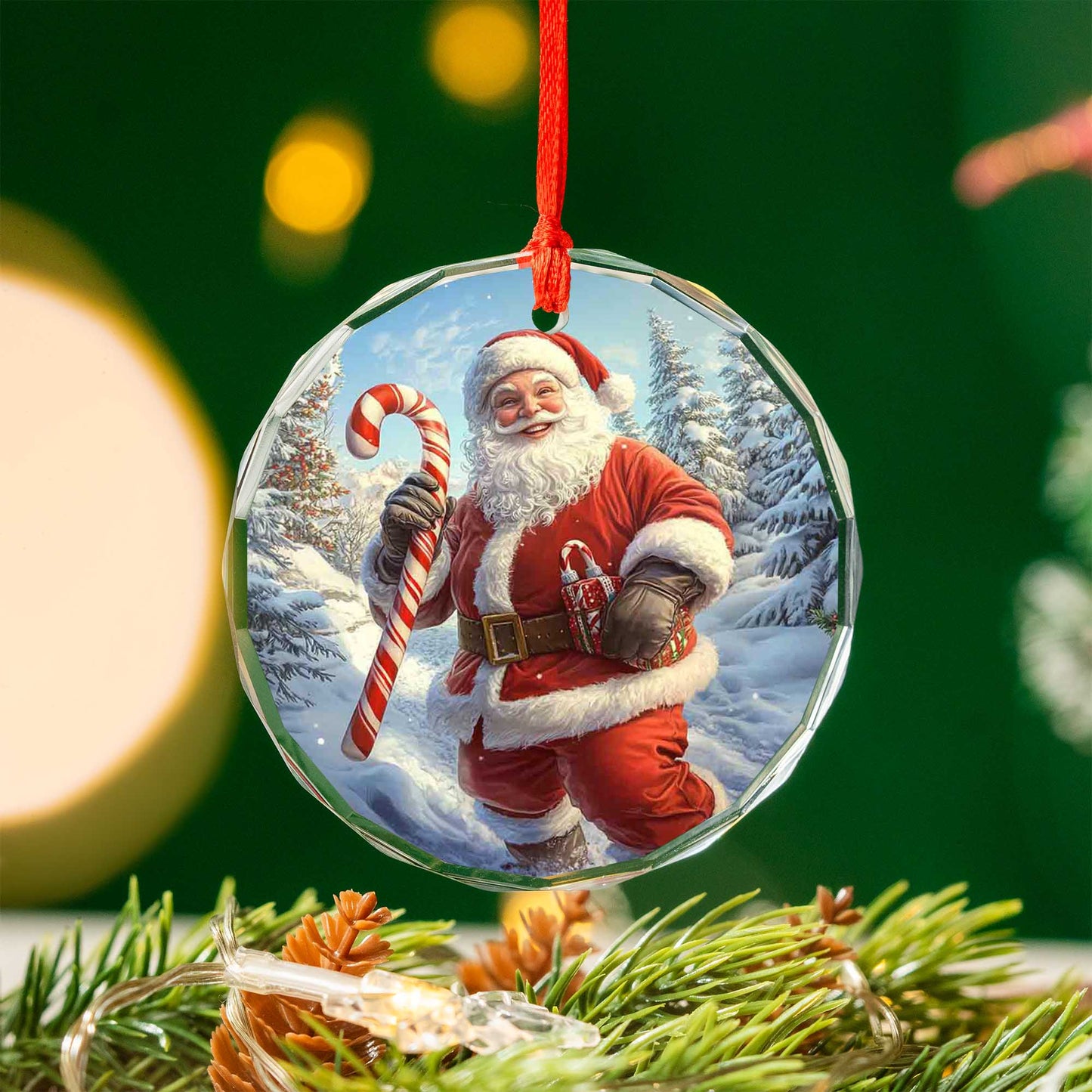 Netecom Santa Claus Glass Ornament – Festive Christmas Tree Decoration with Candy Cane, Holiday Keepsake Gift, 3 in