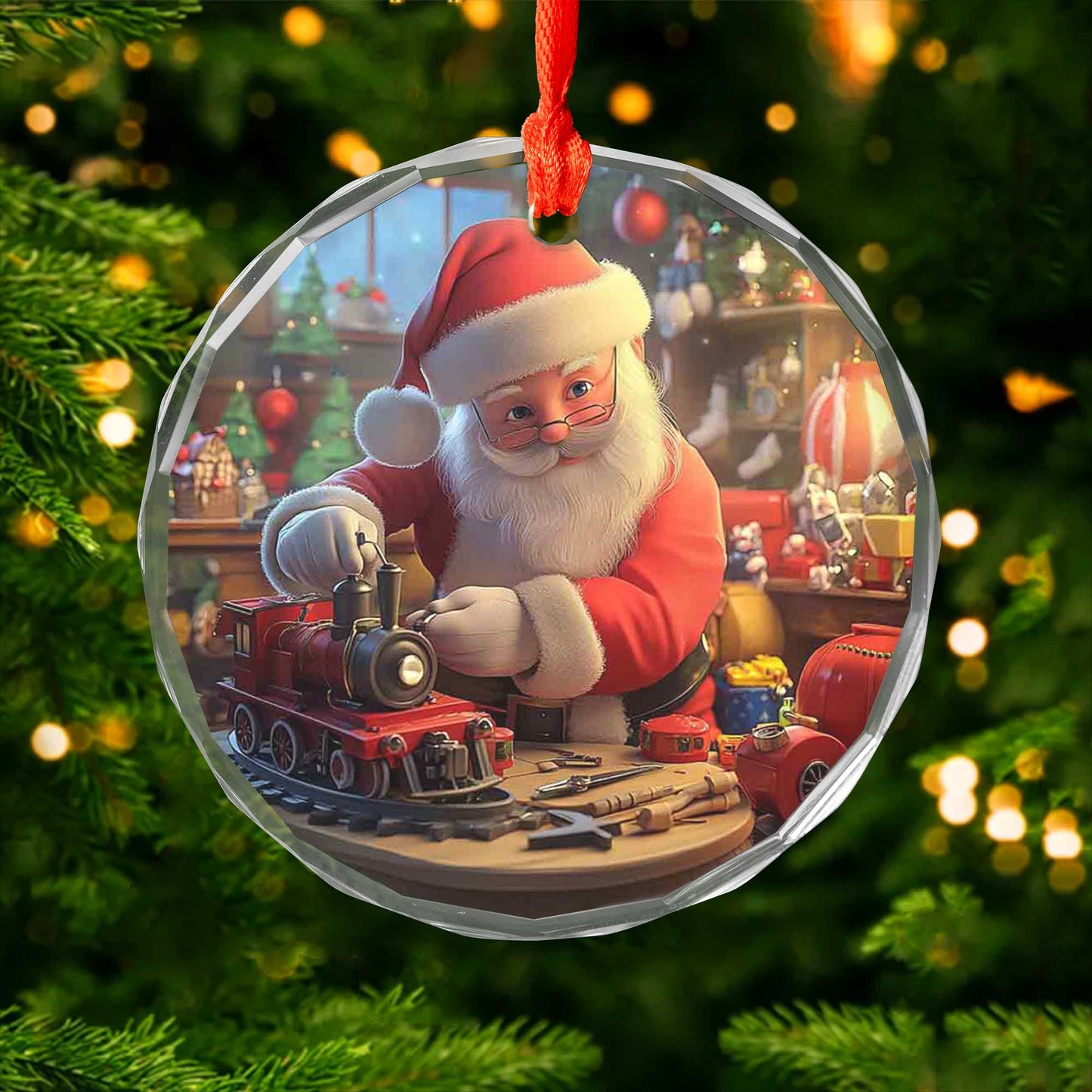 Netecom Santa Claus Glass Ornament – Christmas Tree Decoration with Santa Making Toys, Holiday Keepsake, 3 in