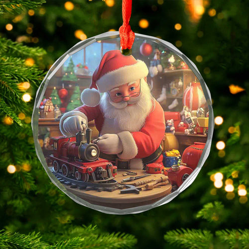 Netecom Santa Claus Glass Ornament – Christmas Tree Decoration with Santa Making Toys, Holiday Keepsake, 3 in