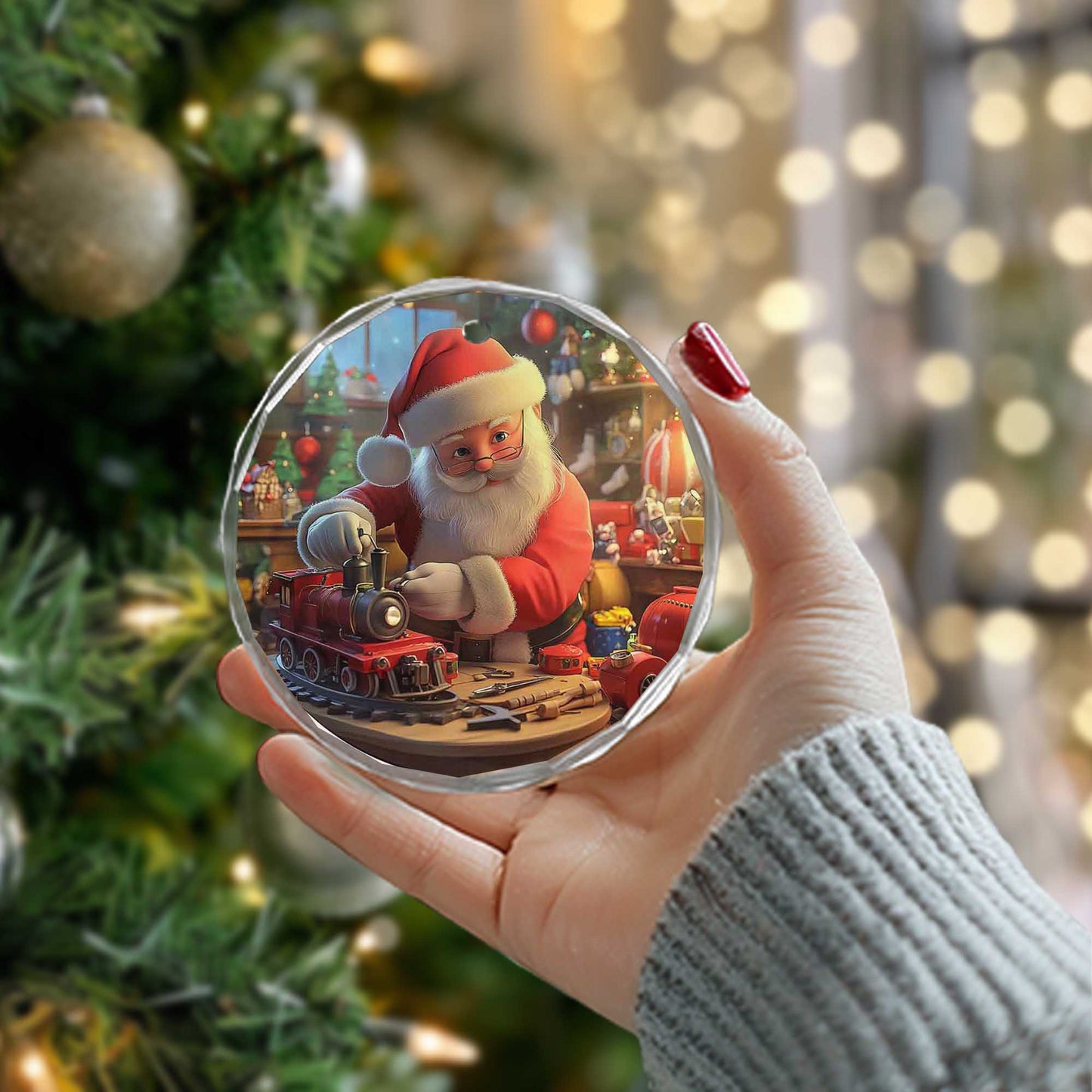 Netecom Santa Claus Glass Ornament – Christmas Tree Decoration with Santa Making Toys, Holiday Keepsake, 3 in