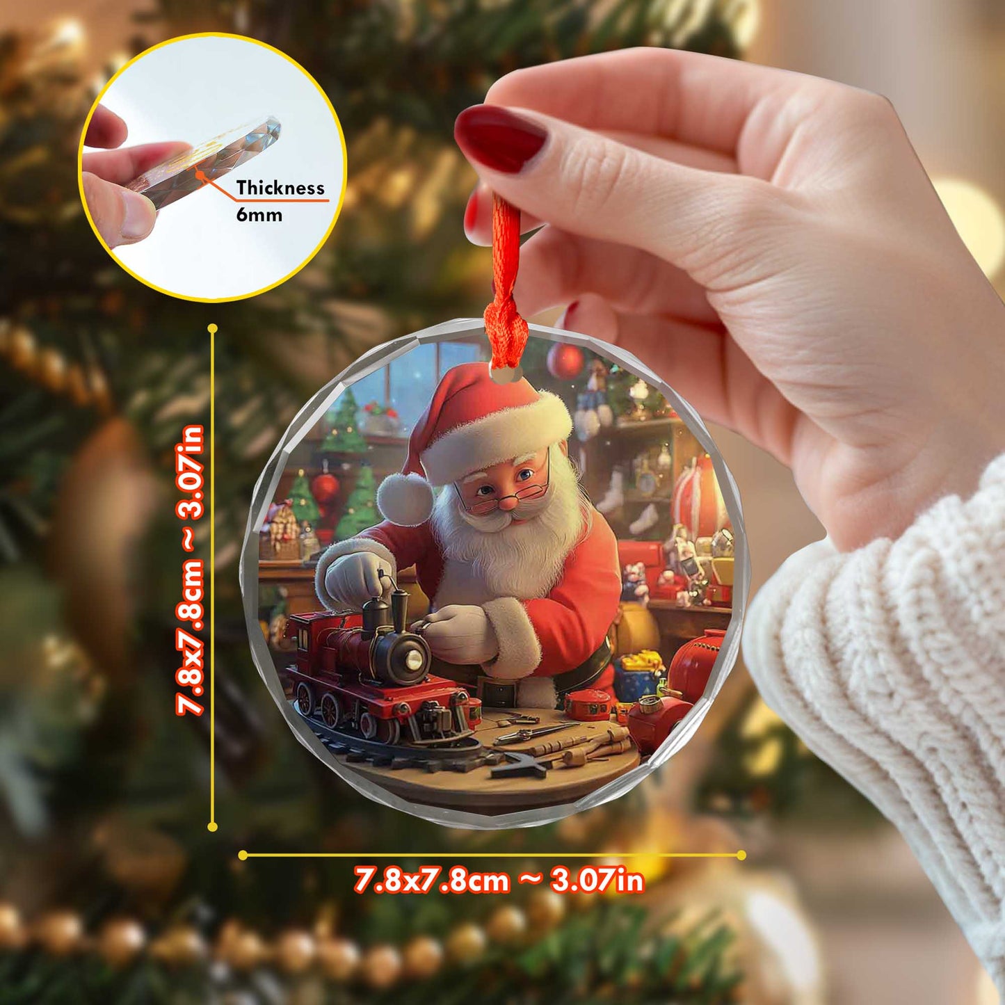 Netecom Santa Claus Glass Ornament – Christmas Tree Decoration with Santa Making Toys, Holiday Keepsake, 3 in