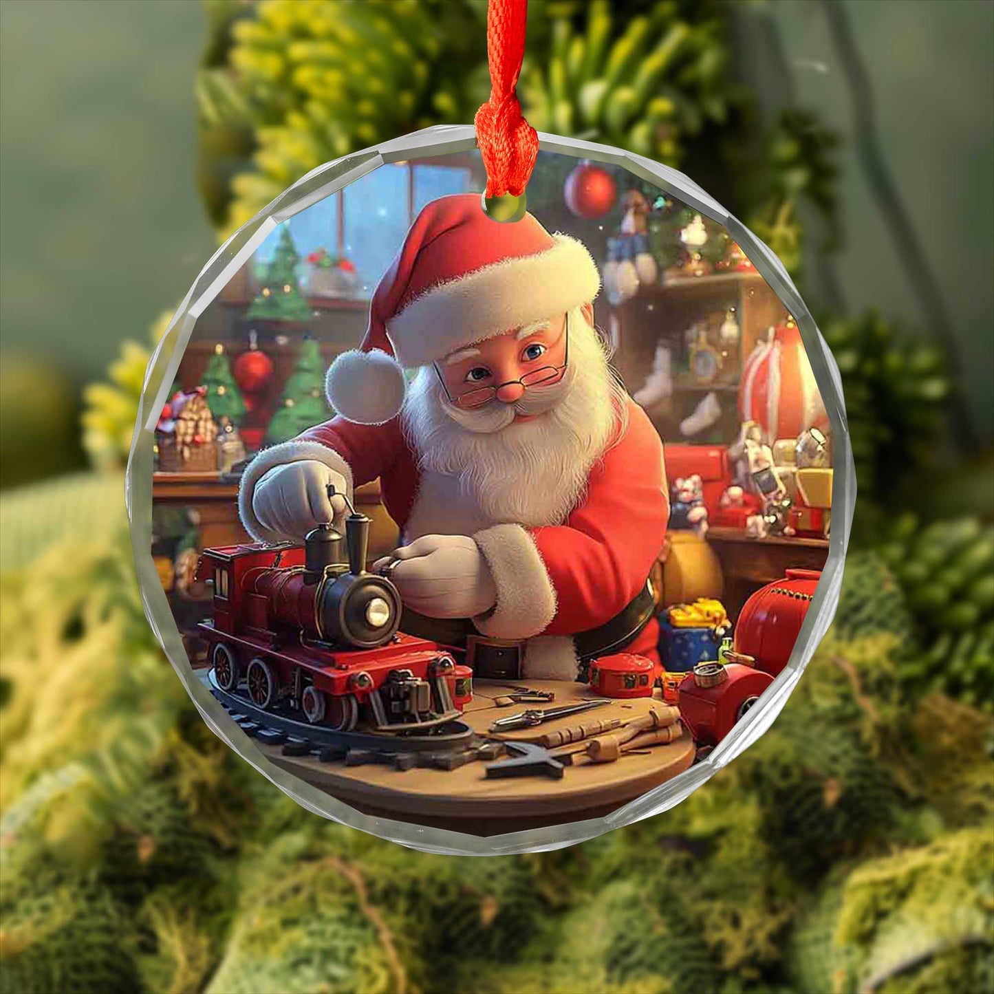 Netecom Santa Claus Glass Ornament – Christmas Tree Decoration with Santa Making Toys, Holiday Keepsake, 3 in