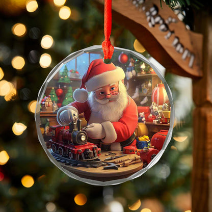 Netecom Santa Claus Glass Ornament – Christmas Tree Decoration with Santa Making Toys, Holiday Keepsake, 3 in