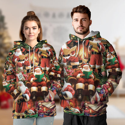 Netecom Santa Claus Reading Book Christmas Print Hoodie with Front Pocket, All Over Graphic Sweatshirt Unisex Casual