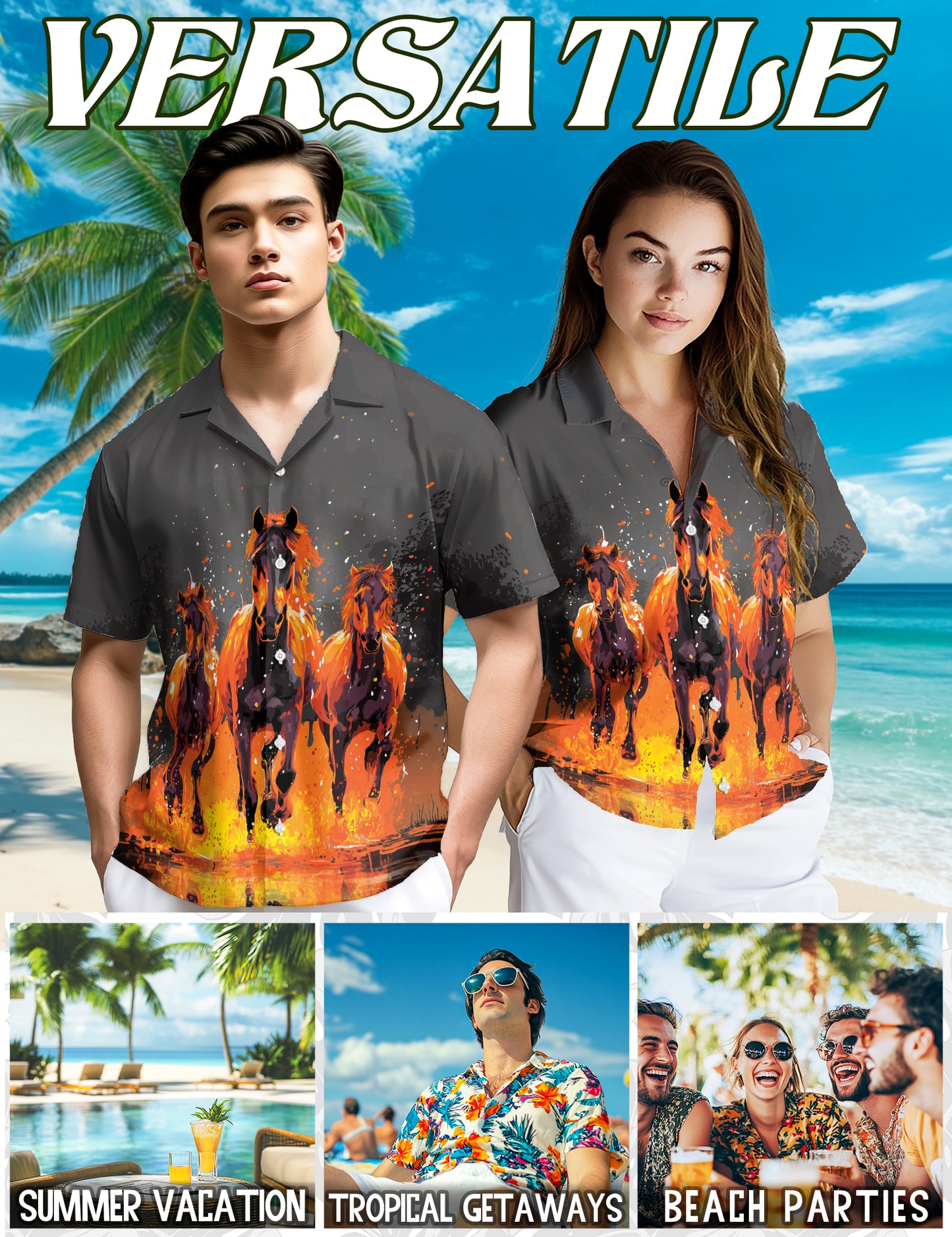 Netecom Fire Horse Hawaiian Shirt for Men, Horse Lover Gifts, Flames Animal Button Down Summer Aloha Beach Shirts