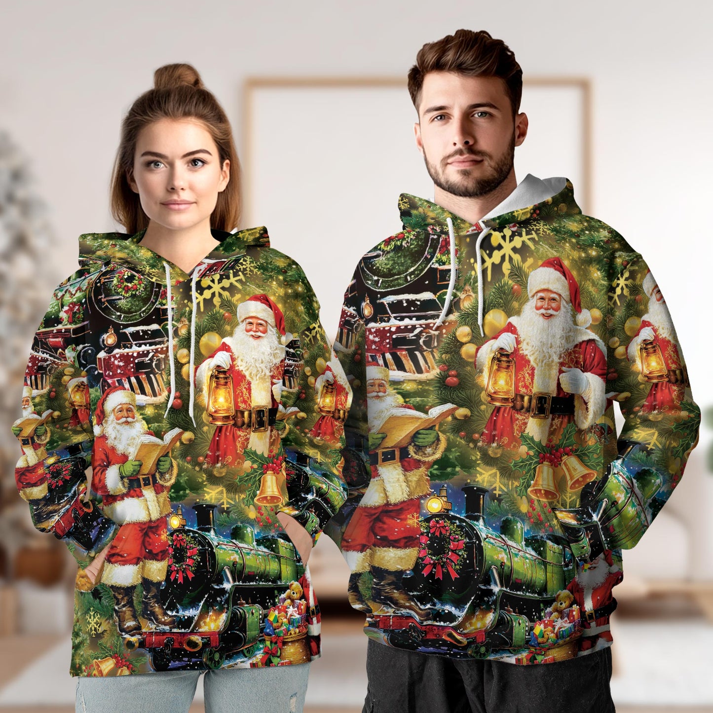 Netecom Santa Christmas Train 3D Hoodie with Front Pocket, Unisex Casual All Over Festive Graphic Sweatshirt