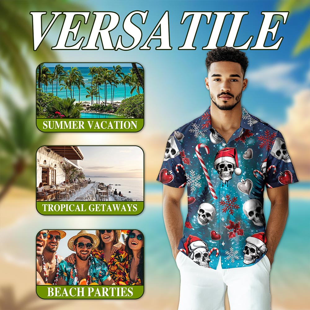 Netecom Skull Santa Christmas Hawaiian Shirt for Men Women, Gothic Button Down Summer Beach Shirts, S-5XL