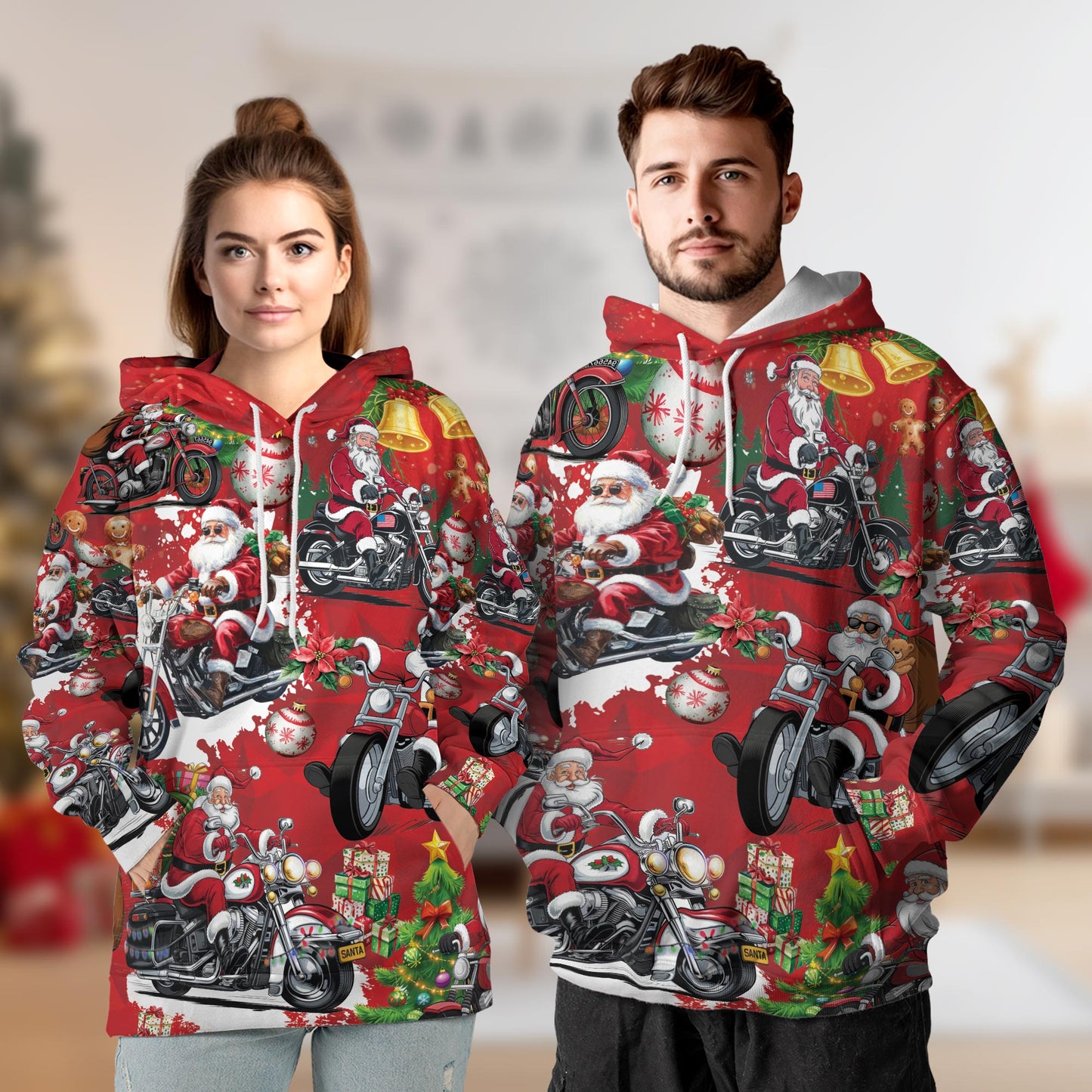 Netecom Santa Claus Riding Motorcycle Print Hoodie with Front Pocket, All Over Holiday Biker Graphic Sweatshirt Unisex Casual