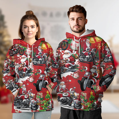 Netecom Santa Claus Riding Motorcycle Print Hoodie with Front Pocket, All Over Holiday Biker Graphic Sweatshirt Unisex Casual