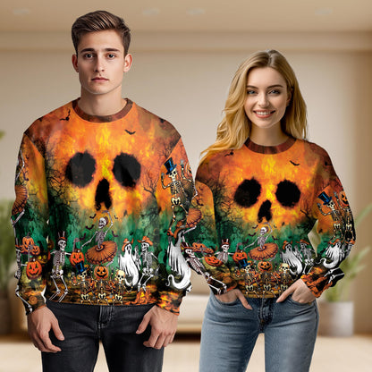 Netecom Halloween Skeleton Party Sweatshirt 3D All Over Print – Unisex Crewneck Pullover, Lightweight Fleece Casual Outfit