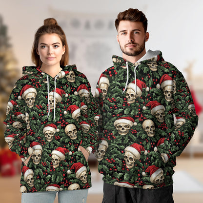 Netecom Skull Santa Hat Christmas Print Hoodie with Front Pocket, All Over Gothic Graphic Sweatshirt Unisex Casual