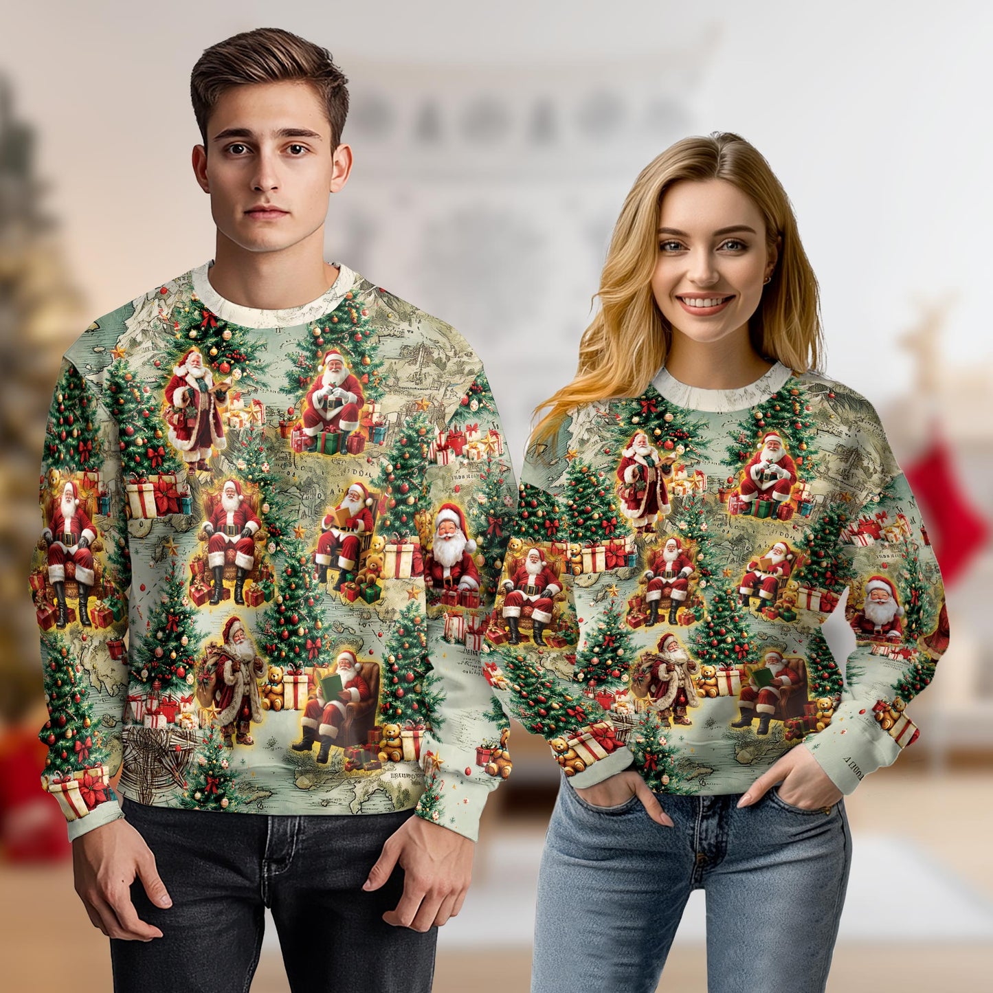 Netecom Santa Clause Christmas Sweatshirt 3D All Over Print , Vintage Holiday Map, Crewneck Pullover for Costume Party