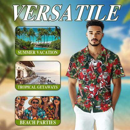Netecom Santa Claus Hockey Hawaiian Shirt for Men, Funny Christmas Sports Aloha Button Down Summer Beach Shirt, S-5XL