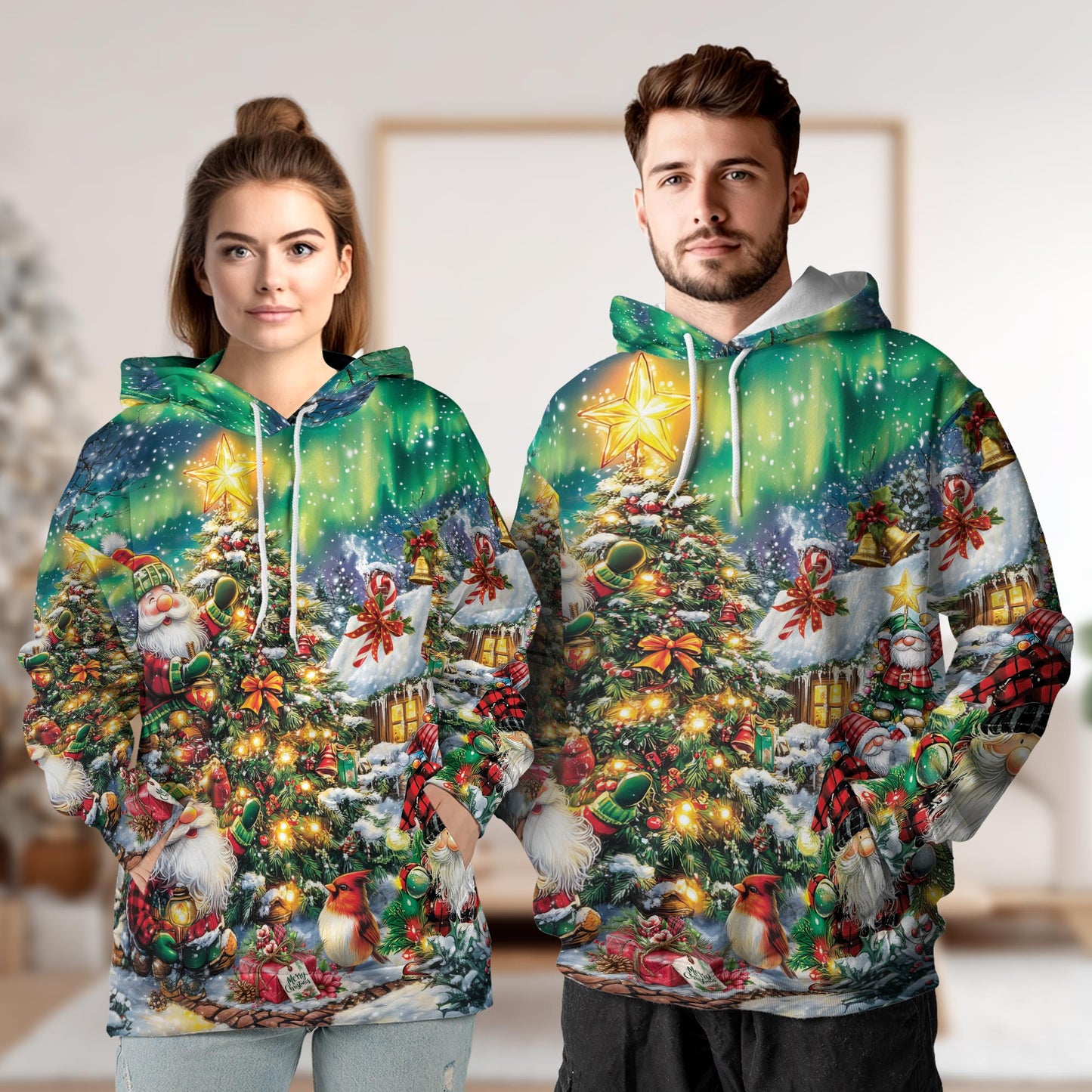 Netecom Christmas Gnome 3D Hoodie with Front Pocket, Unisex Casual All Over Funny Santa Xmas Graphic Sweatshirt