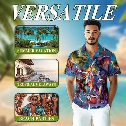 Netecom Christmas Dragon Hawaiian Shirt, Fantasy Holiday Fire Dragon Button Down Summer Beach Short Sleeve Shirt, S-5XL