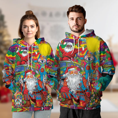 Netecom Hippie Santa Claus Print Hoodie with Front Pocket, All Over Funny Christmas Holiday Graphic Sweatshirt Unisex Casual