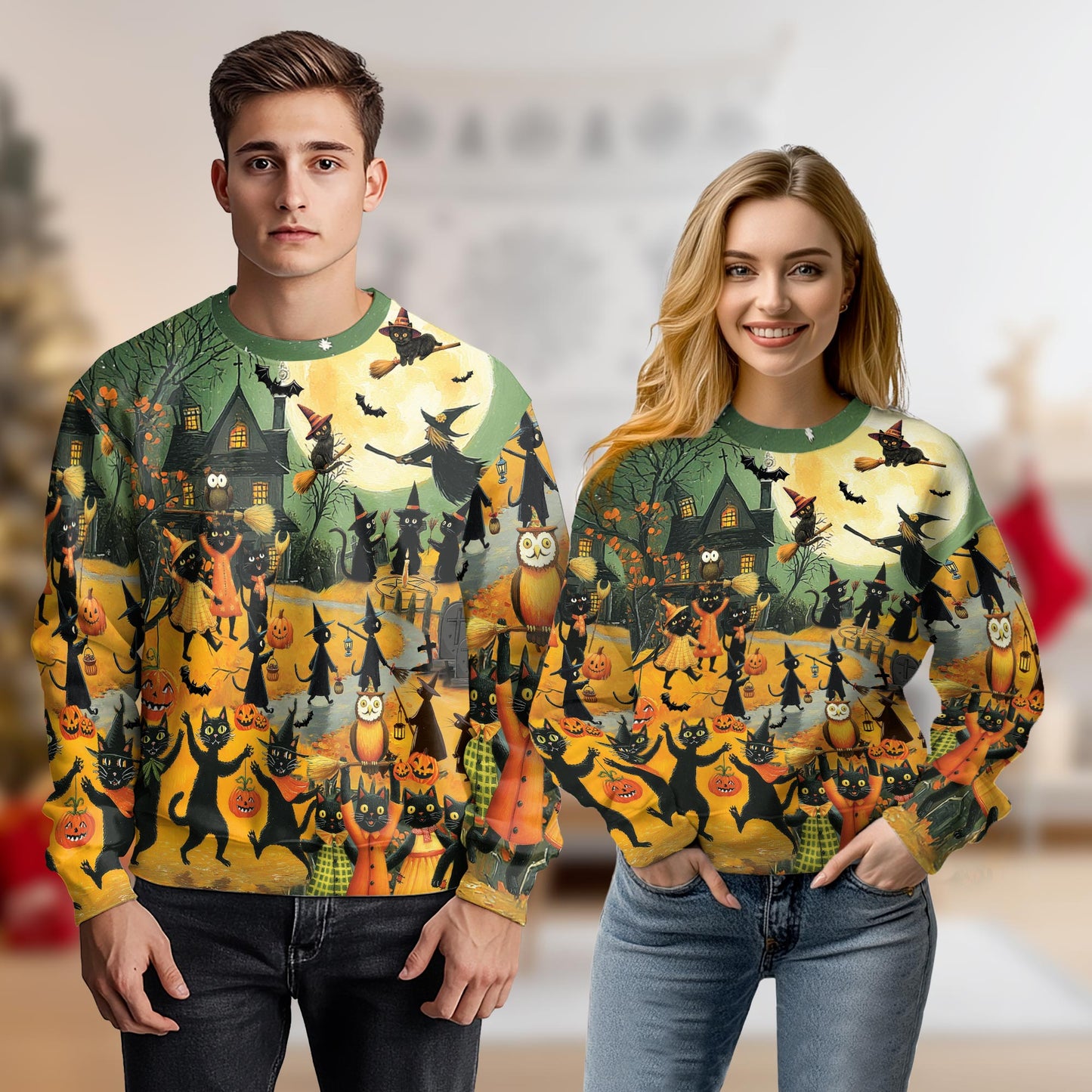 Netecom Halloween Black Cat Witch Sweatshirt 3D All Over Print, Spooky Pumpkin Night, Crewneck Pullover for Costume Party