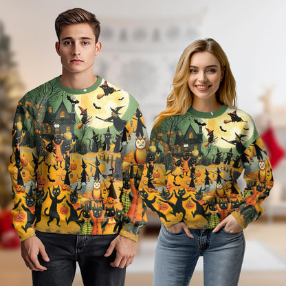 Netecom Halloween Black Cat Witch Sweatshirt 3D All Over Print, Spooky Pumpkin Night, Crewneck Pullover for Costume Party