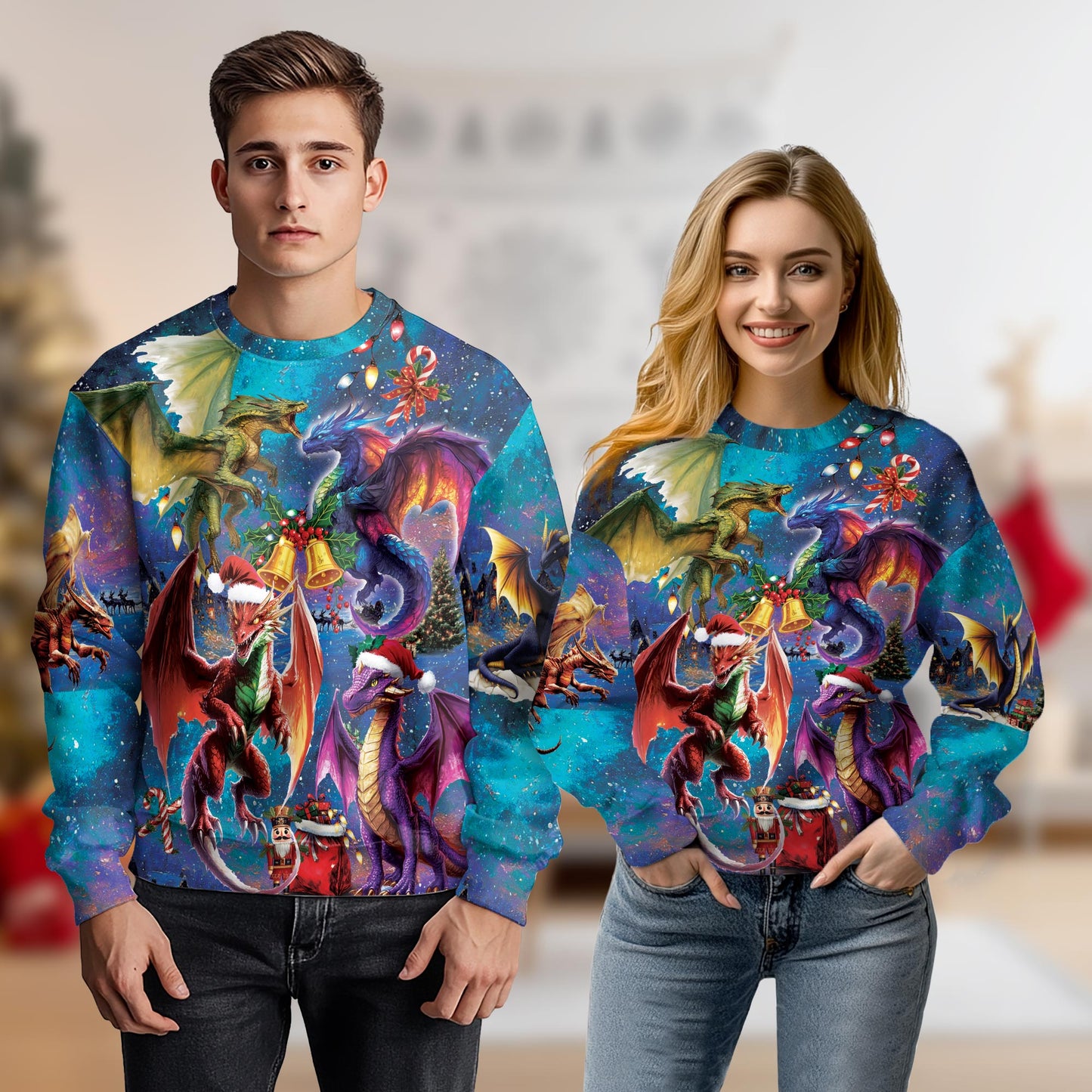 Netecom Dragon Christmas Sweatshirt 3D All Over Print, Mythical Creatures Holiday, Crewneck Pullover for Costume Party
